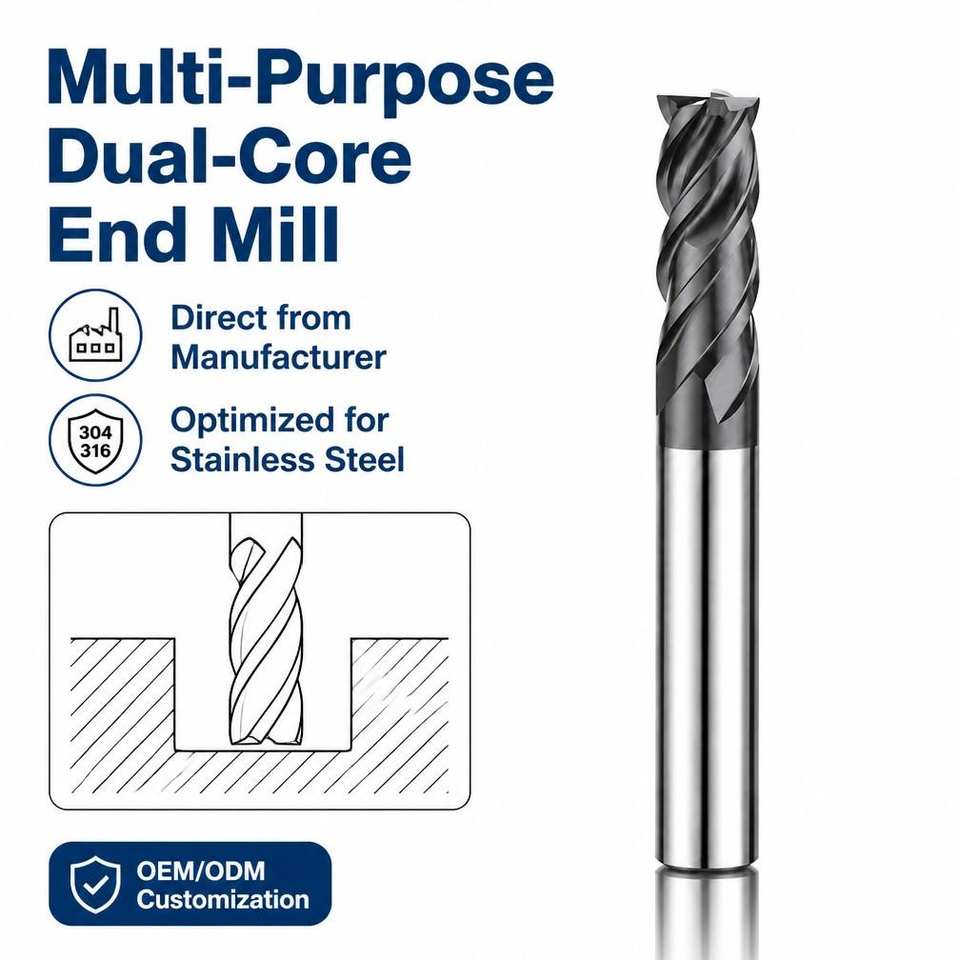 Double Core Diameter End Mill for Stainless Steel, Variable Pitch Anti-Vibration CNC Milling Cutter with Nano Coating